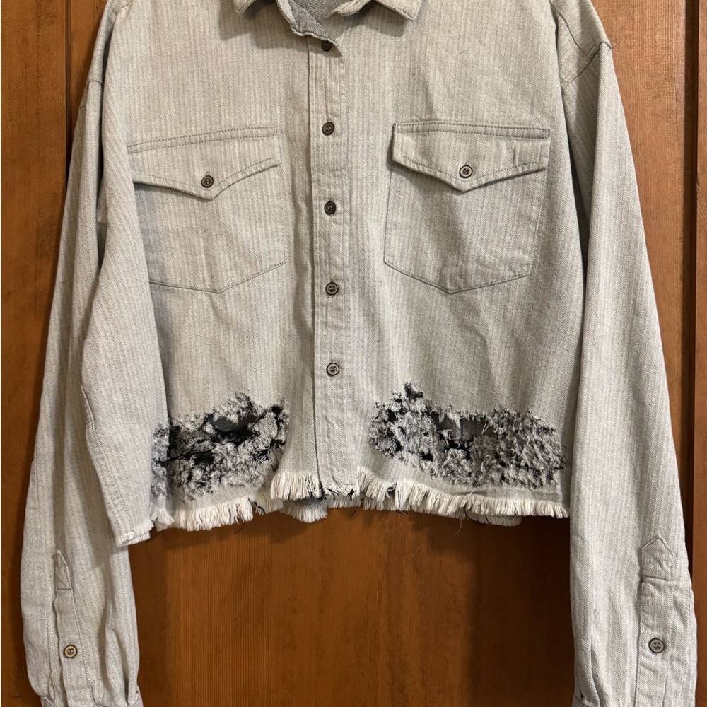 IRO Paris Fraser Grey Distressed Button Down Shirt Jacket